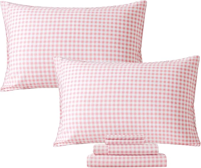 FADFAY Pink Plaid Cal King Size Sheets 100% Cotton Geometric Checker Bedding Teens Grid White Gingham Pattern College Bedding Deep Pocket Sheets with 2 Pillowcases Ultra Soft 4 pcs, Cal King Size
