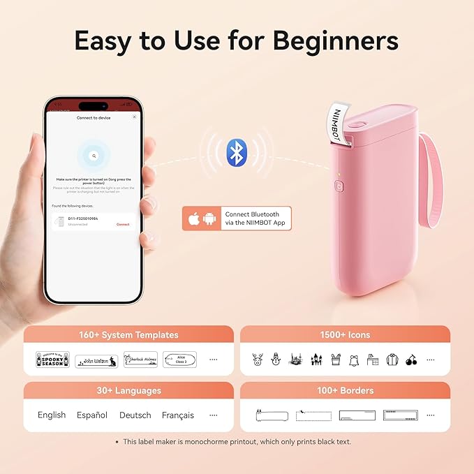 NIIMBOT Label Maker Machine D11 Label Printer Portable Wireless Connection Multiple Templates Available for Phone Easy to Use Office Home Organization USB Rechargeable