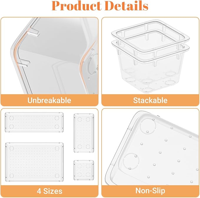 15 PCS Clear Plastic Drawer Organizer Set, 4-Size Acrylic Drawer Storage Trays, Storage Bins for Makeup, Gadgets, and Jewelry in Bathroom, Bedroom and Office, Clear