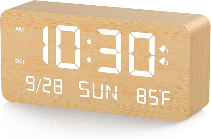 Fomobest Wooden Digital Alarm Clock for Bedroom -Desk Clock with Date, Day of Week, Temperature, Dual Alarms, Dimmer, USB Port Charge, DST, Adjustable Volume for Living Room/Office Wood Decor (Bamboo)