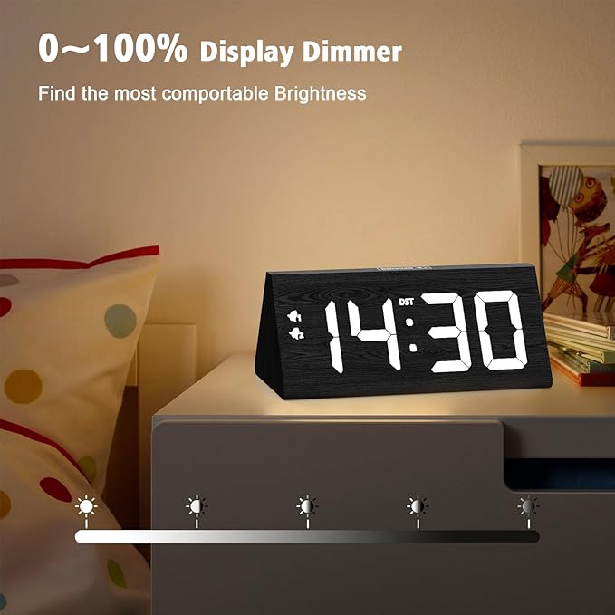 fomobest Wooden Digital Alarm Clock with Dual USB Charging Ports, DST, Dimmable, Snooze, Modern Large Time Display LED Clock for Kids Bedrooms, Living Room, Desk, Table, Bedside, Nightstand (Black)