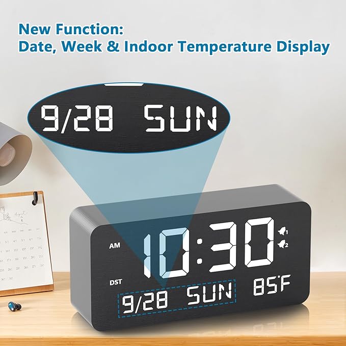 Fomobest Wooden Digital Alarm Clock for Bedroom - Desk Clock with Date, Day of Week, Temperature, Dual Alarms, Dimmer, USB Port Charge, DST, Adjustable Volume for Living Room/Office Wood Decor (Black)