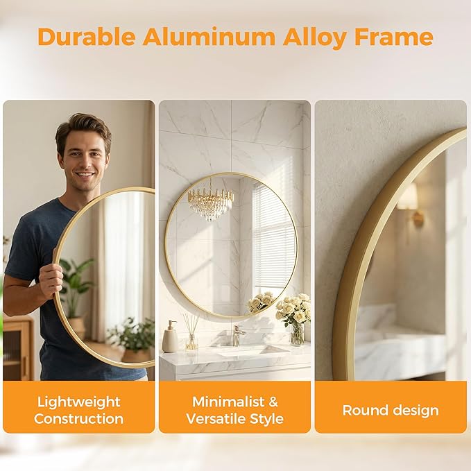 Sweetcrispy Round Bathroom Mirror for Over Sink, 36 Inch Wall Mounted Vanity Mirror with Matte Metal Frame, Decor for Bathroom, Entryway, Bedroom, Gold