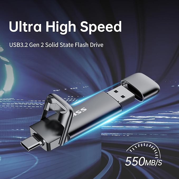 SSK External USB C SSD Flash Drive 512GB, Up to 550MB/s 2-in-1 Type C+ USB A USB3.2 Gen2 Solid State Thumb Drive, Memory Stick Data Storage for iPhone 15/PS4/PS5/Android Phone/Windows/Mac