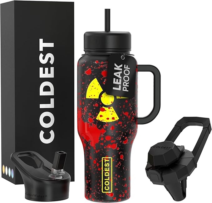 Coldest Tumbler with Handle and Straw, 100% Leak Proof Insulated Tumbler with Lid and Straw (3 Lids), Stainless Steel Tumblers for Women & Men, Cup Holder Friendly Base, 36 oz (Radioactive)