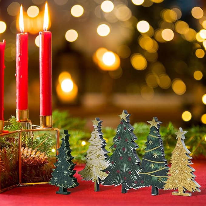 Smile 3 Pcs Wooden Blocks Christmas Decoration Trees Signs, Rustic Centerpieces Wooden Trees, Tiered Tray Decorations for Home Table Shelf Decor.