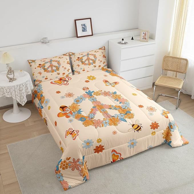 Retro 70s 60s Hippie Comforter Set Twin Size,Groovy Flowers Butterfly Honeybee Quilt Set for Kids Boys Bedroom Collection,Floral Peace Symbol Polyester Bedding with 1 Pillowcase,2Pcs