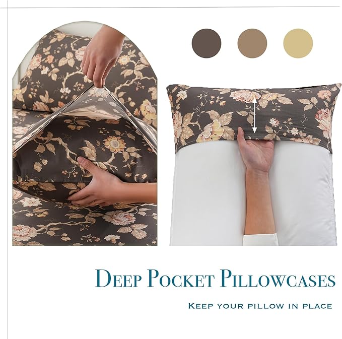 Zusbest Dark Brown Floral Bed Sheets Set - King Size Percale Cotton Shabby Rustic Peony Flower Print Bed Sheets - Soft Breathable Mocha Classic Vintage Bedding 4 Pcs Deep Pocket Flower Bed Sheets