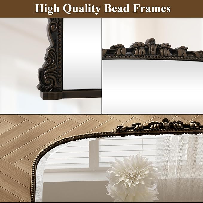 24"×32" Bronze Wide Arched Wall Mirror, Vintage Carving Bathroom Vanity Makeup Mirror, as Wall Decor Hanging Leaning for Fireplace Mantle, Living Room, Bedroom, Vanity Area
