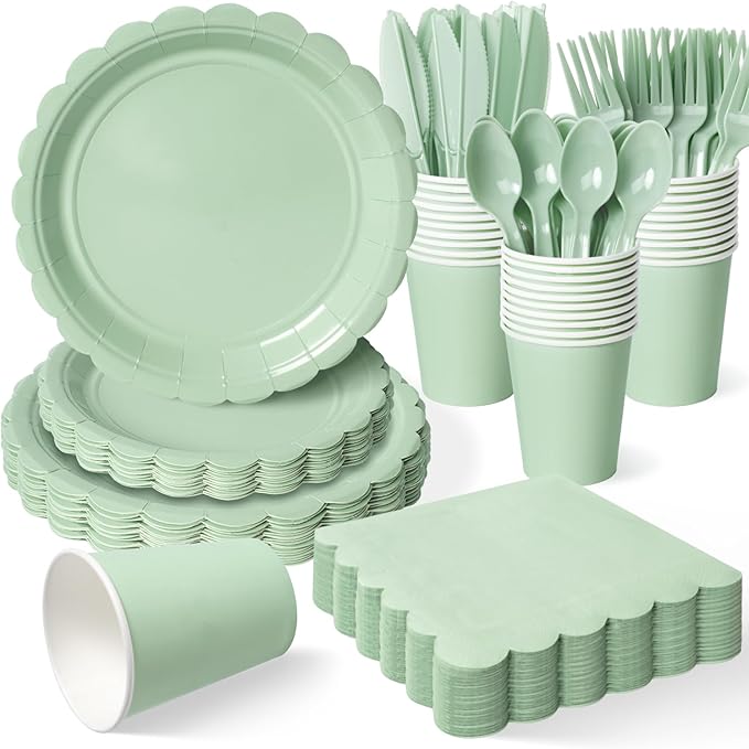 Vyntra 350 PCS Disposable Plates for Boho Party, Paper Plates & Napkins Set with Cups, Knives, Forks, Spoons, 7'' Dessert and 9'' Dinner Plates for Wedding, Baby Shower, Birthday - Sage Green