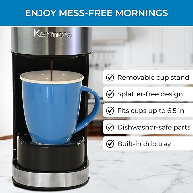 Kenmore Single Serve Coffee Maker – 6–14 Oz Brew Sizes, Compatible with Keurig K‑Cup Pods & Ground Coffee, One Cup Brewer, Travel Mug Friendly, Auto Shut‑Off, Hot & Iced Machine à café, White