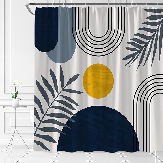 Mid Century Modern Shower Curtain Boho Navy Blue Abstract Retro Aesthetic Fabric for Bathroom Decor Bathtub with Hooks (70" WX70 H)