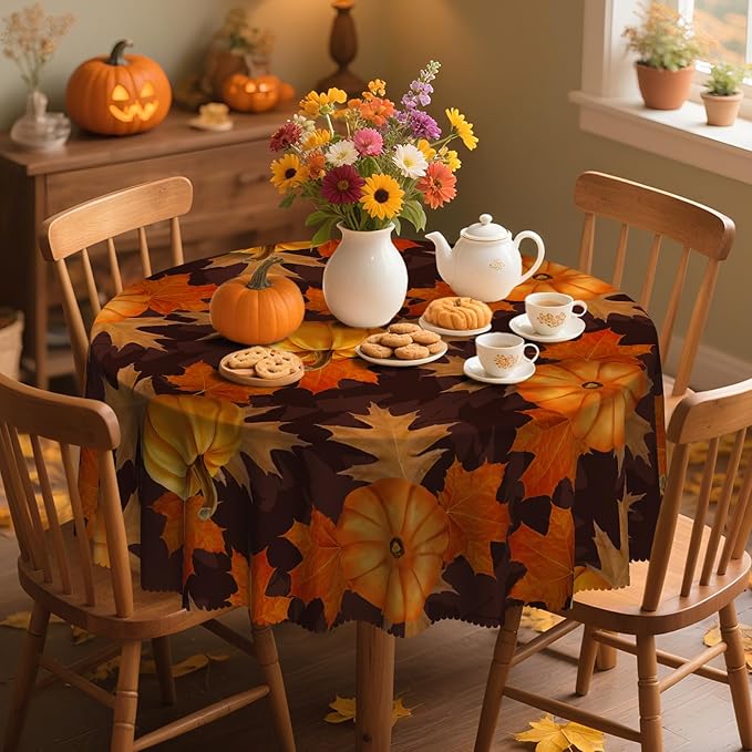 Eikione 60In Round Tablecloth, Pumpkin Table Cloth, Black Checkered Tablecloth Pumpkin Thanksgiving Day Tablecovers