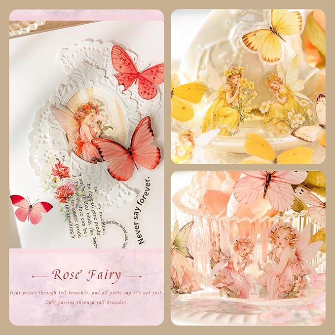 SIBLYMONA Vintage Fairy Stickers 240Pcs Transparent Stickers for Scrapbooking Journaling, Floral Butterfly Cottagecore Junk Journal Scrapbook Supplies, Rub On Transfers for Crafts (240, Pink&Blue)