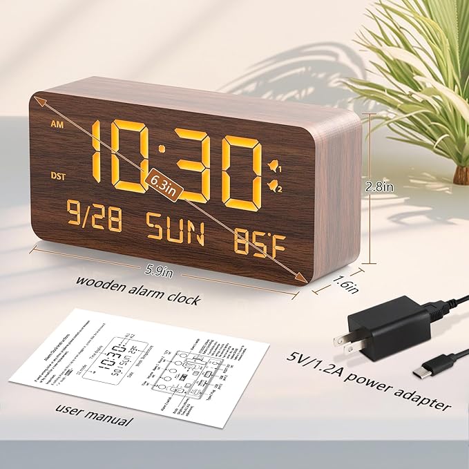 Fomobest Wooden Digital Alarm Clock for Bedroom - Desk Clock with Date, Day of Week, Temperature, Dual Alarms, Dimmer, USB Port Charge, DST, Adjustable Volume for Living Room/Office Wood Decor (Brown)