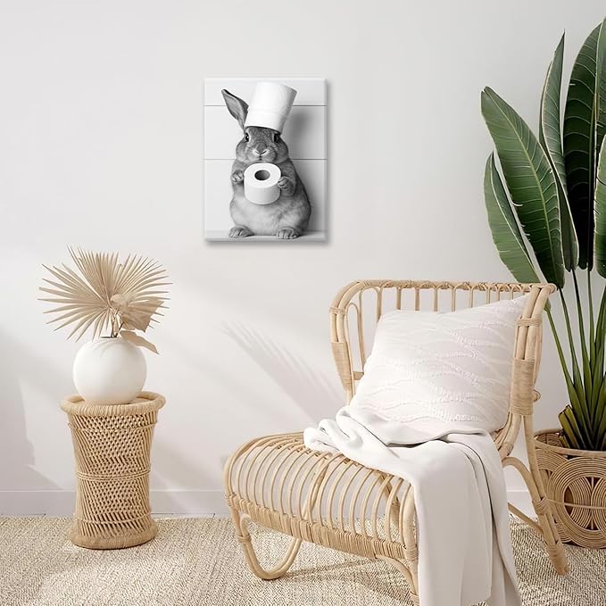 Bunny Bathroom Wall Art, Rabbit Pictures Wall Decor, Animal Canvas Prints Painting, Framed Artwork For Bathroom Living Room Bedroom Office Dining Room 20"X16"