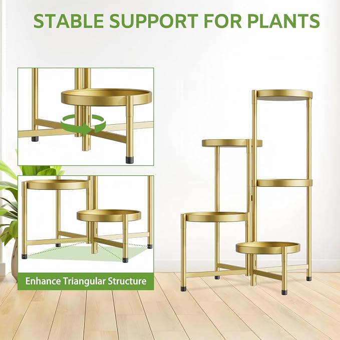 iDavosic.ly 5 Tier Large Plant Stand Indoor, 10 Inch Wide Tall Corner Metal Plant Stands Outdoor for Multiple Plants, Folding Tiered Flower Display Holder Rack Shelf, Gold