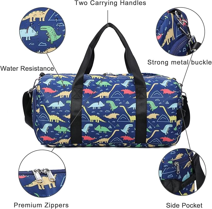 CAMTOP Kids Overnight Duffel Bag for Boys and Girls Carry-On Size Tote for Travel Gym Sport (Navy Dinosaur) 18.1"L* 9.1" H* 8.7"W