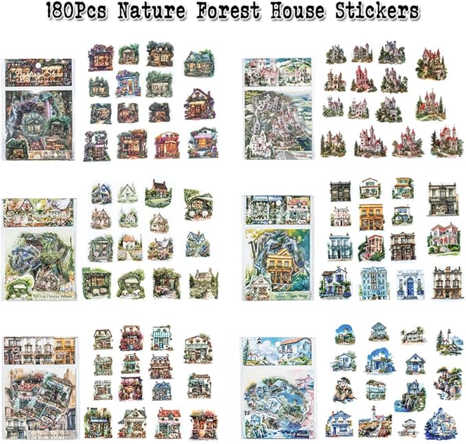 Dwpetzo 6 Pack 180Pcs Nature Scenery Tree House Cottage Castle Manor Scene Stickers for Journaling, Transparent PET Stickers for Scrapbooking, Junk Journal Supplies, Bujo, Collage