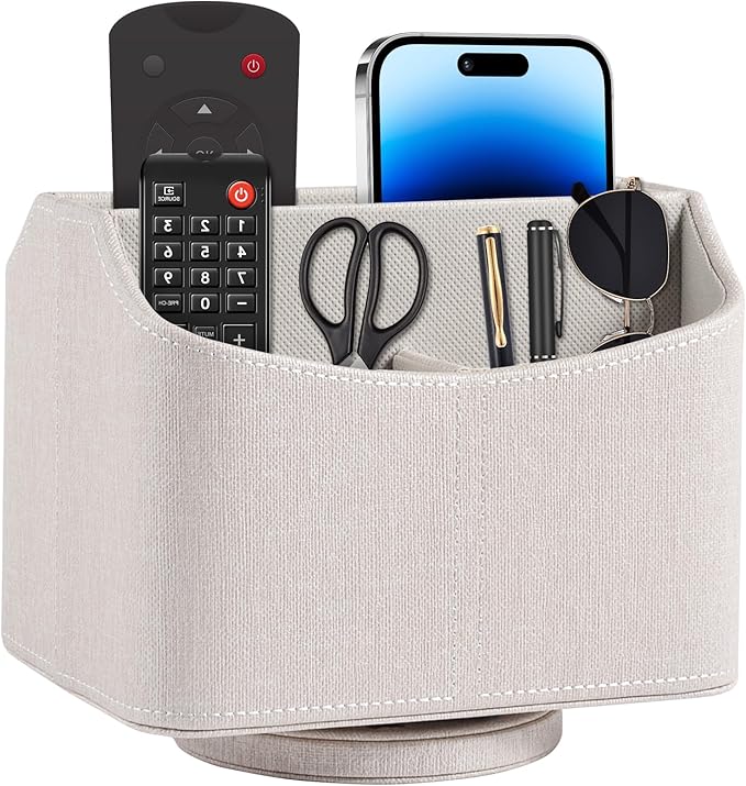 RHCSZ Leather Remote Control Holder 360 Degree Spinning,Desk Rotating Organizer/Caddy for TV Remote Controllers,Pen,Calculator Media Player,DVD,Office Supplies,Mobile Phone Storage Box (Beige)