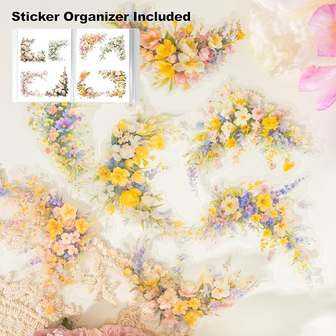 MiyouLuna 60 Pcs Vintage Flower PET Stickers Set, Large Floral Corner Stickers for Scrapbooking, Journaling, DIY Crafts, with Organizer