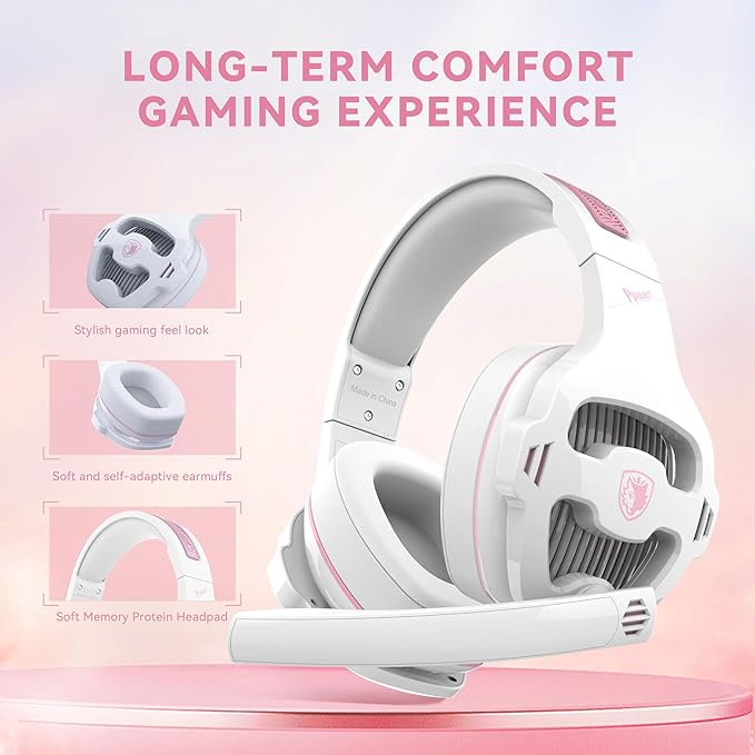 Globalsades SA726 Stereo Gaming Headset for Xbox One PS4 PS5 Controller, Over Ear Headphone with Mic Noise Cancelling Headset for PC Xbox Series (White Pink)
