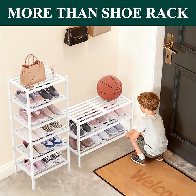 Smiry Long Bamboo Shoe Rack 3-Tier, Stackable Wooden Shoe Organizer for Entryway & Closet, Free Standing Wood Shoe Storage Shelf for Front Door & Small Spaces, White