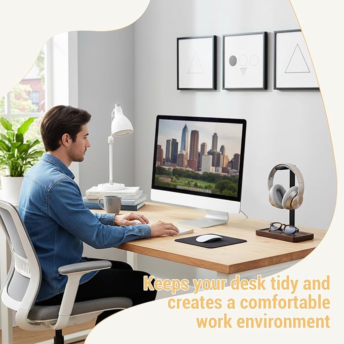 Fiwochic Walnut Wood Headset Holder, Desktop Headphone Stand, Universal Headphone Holder with Storage Base for Gaming, Music Headsets