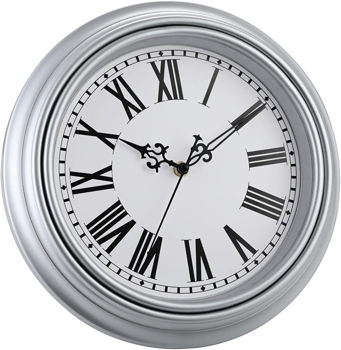 Plumeet Small Retro Wall Clock, 10'' Non Ticking Classic Silent Vintage Wall Clocks Decorative Kitchen Living Room Bedroom, Roman Numerals, Battery Operated, Silver, EM-8050-SL10
