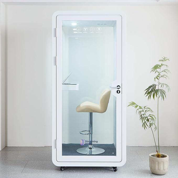 Mobile Office Pod Booth, Solo Soundproof Pod with High-Density Acoustic Panels, Premium Sound Pod with Silent Ventilation, Wheels and Feet, Build-in Table, LED Lighting System, USB Ports (White-Grey)