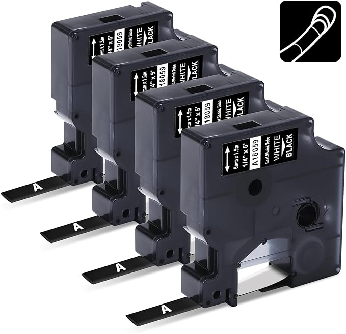 Replace for DYMO Rhino 6mm Black Heat Shrink Tube 18059 A18059 Compatible with DYMO Rhino 4200 5200 5000 6000 6000+ Label Maker Heat Shrink Tape Refills, 1/4" x 4.9',White on Black,4-Pack