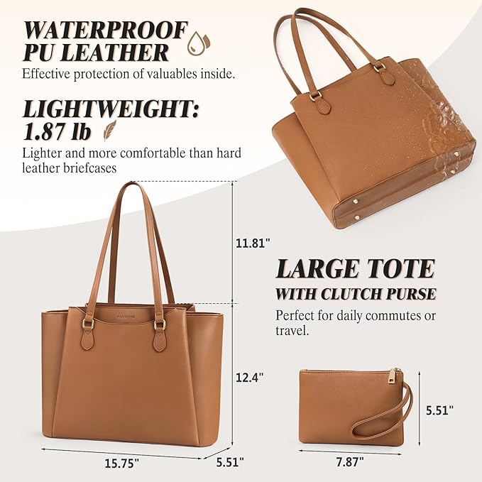 RAINSMORE Laptop Bag for Women 15.6 Inch Work Tote Bags Waterproof Computer Bags Leather Professional Laptop Purse Womens Laptop Briefcase Large Handbag for Office Teacher Travel, Brown