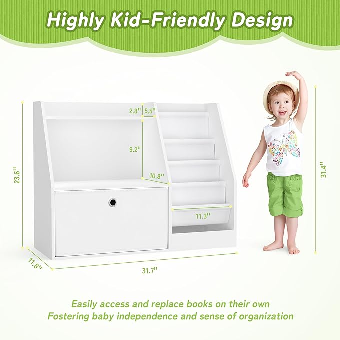 TOETOL Kids Bookshelf,Book Storage Organizer,4 Sling Toddler Wooden Book Shelf,2-Tier Kids Bookcase for Bedroom,Livingroom,Playroom,Nursery-White