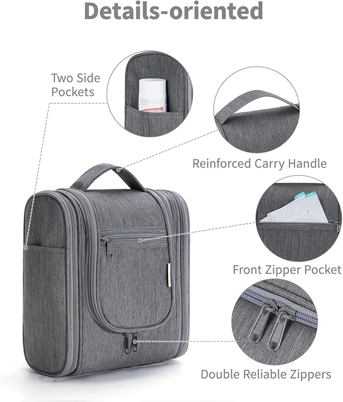 Narwey Small Hanging Toiletry Bag Women Travel Makeup Bag Organizer Toiletries Bag for Travel Size Essentials Accessories Cosmetics (Medium, Grey)
