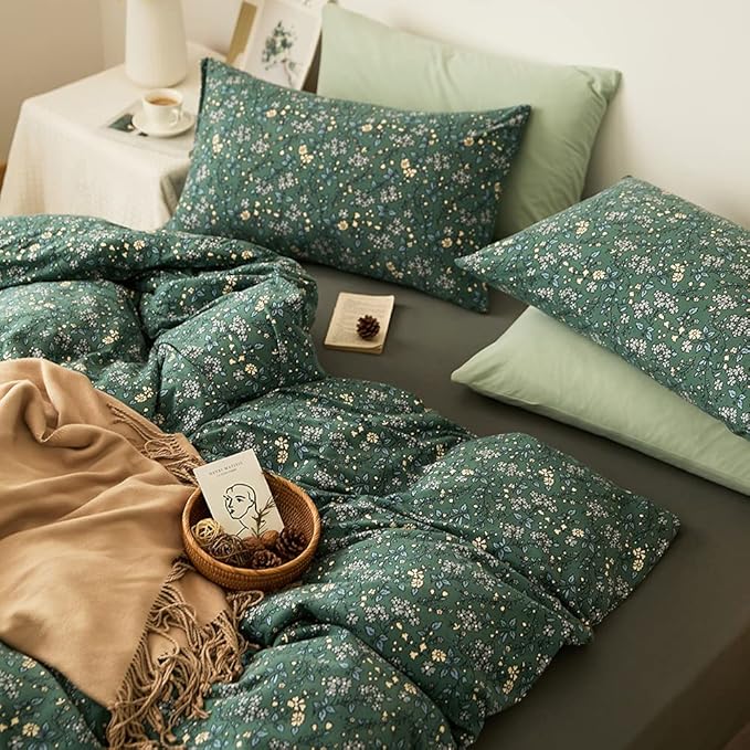 EAVD Vintage Style Green Floral Duvet Cover Twin XL Jersey Cotton Cottagecore Bedding Set with 2 Pillowcases Chic Shabby Botanical Floral Comforter Cover with Zipper Closure