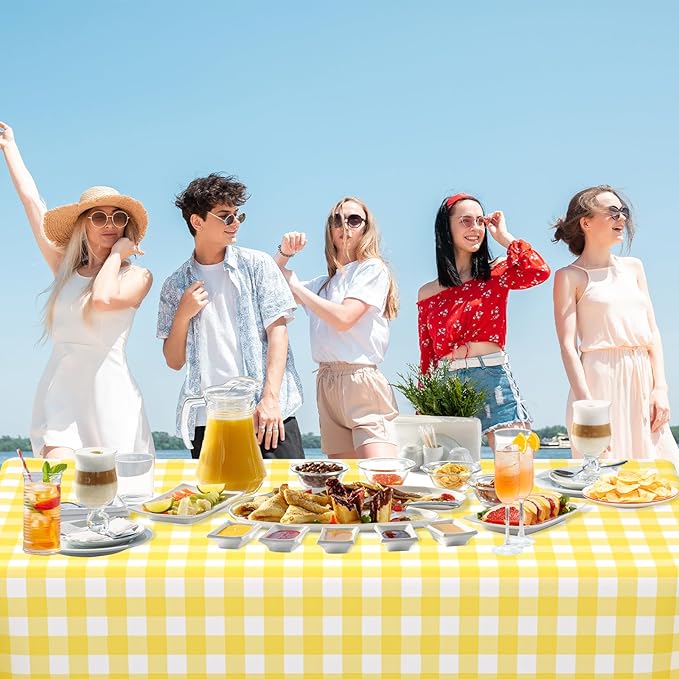 WNINK 6 Pack Light Yellow Gingham Rectangular Plastic Tablecloths, Yellow and White Checkered Disposable Table Covers 54" x 108" for Birthday, Wedding, Bridal Shower, Outdoor Picnic Camping Parties