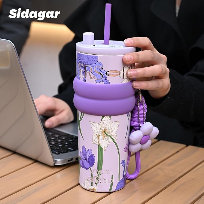 24 oz Stainless Steel Tumbler with Lid and Straw, Insulated Coffee Mug, Leak Proof, Portable Iced Travel Water Bottle, Reusable Thermal Coffee Cup, Floral Purple