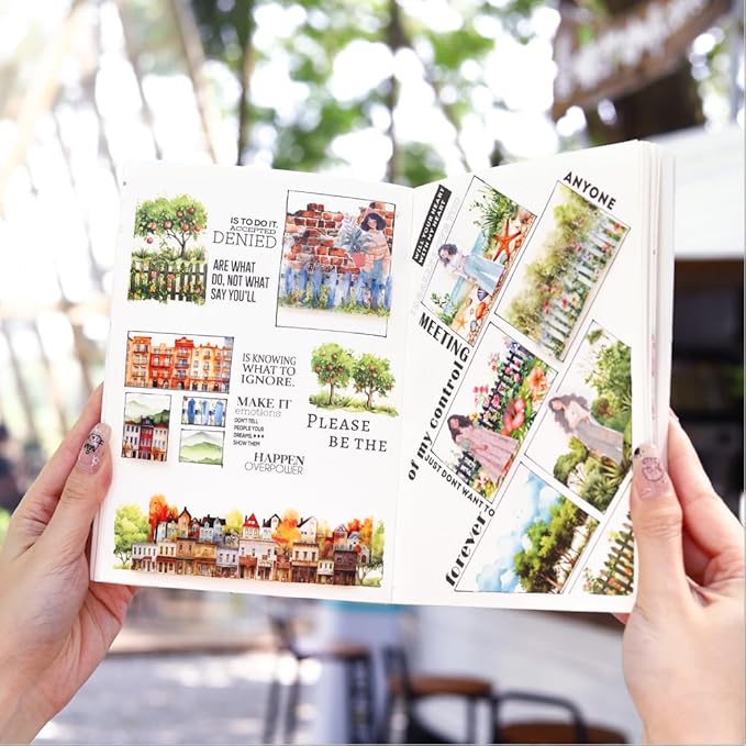 20 Sheets City Landscape Pre-Cut Journal Stickers Book for Journaling, Scrapbooking, Dual Transparent PET and Washi Stickers for Adults Junk Journals, Bujo, Collage, Planner, Album