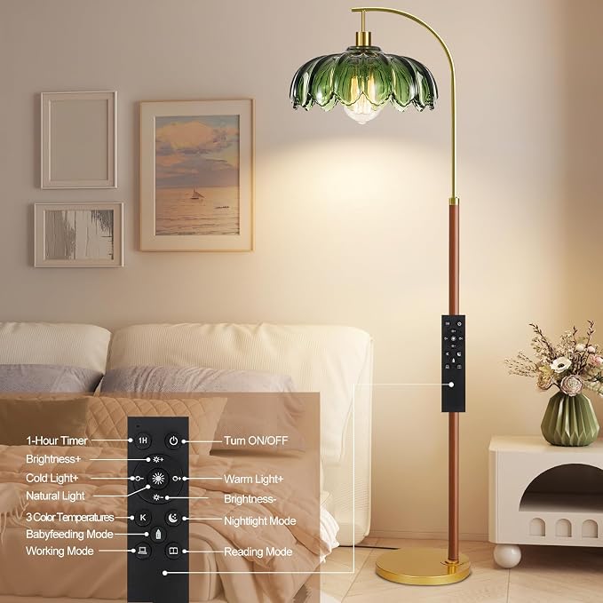 Wood Floor Lamps for Living Room,Gold Floor Lamp with Remote Control & Glass Lampshade,Arc Flower Lamp Dimmable Mid Century Modern Standing Lamp Vintage Farmhouse Tall Floor Lamp For Bedroom Corner