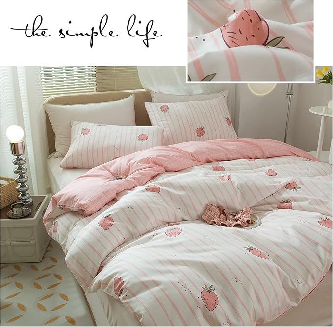 LifeTB Cute Strawberry Duvet Cover Full Size 3 Pieces Fruit Bedding Set Reversible Pink Plaid 100% Cotton Quilt Cover with Zipper Closure Kids Kawaii Pink Strawberry Comforter Cover for Girls Women