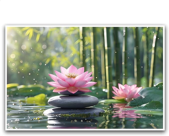 Ethereal pink lotus on obsidian Sunlit bamboo forest with sparkling water drops Poetic nature inspired wall art for tranquil homes and mindful spaces 12x18in Frameless