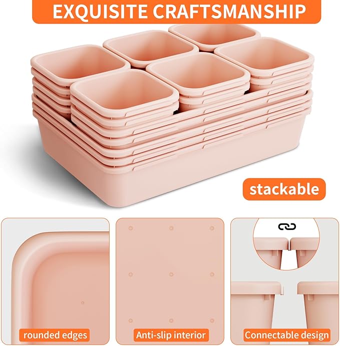 45 Pack Pink Plastic Drawer Organizer Trays - 3-Size Storage for Kitchen, Bathroom, Office, Vanity, Makeup, Utensils, Junk Drawer Organizer Bins, Gadget Trays