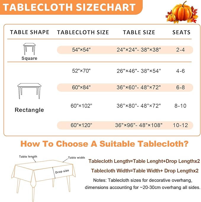Fall Tablecloth Rectangle 60x84 Inch, Autumn Thanksgiving Harvest Orange Pumpkin Table Cloth Washable Spillproof Table Cover for Halloween Party, Picnic & Dinner Decor