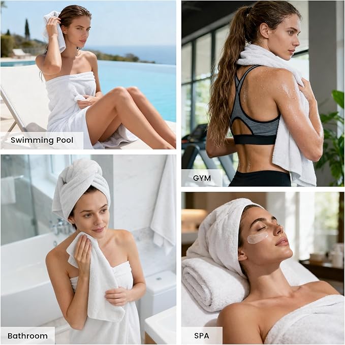 SEMAXE Bath Towel Set, 8 Piece Towel Set for Bathroom, Quick Dry Cotton Towels with Hanging Loops, Easy Care, White