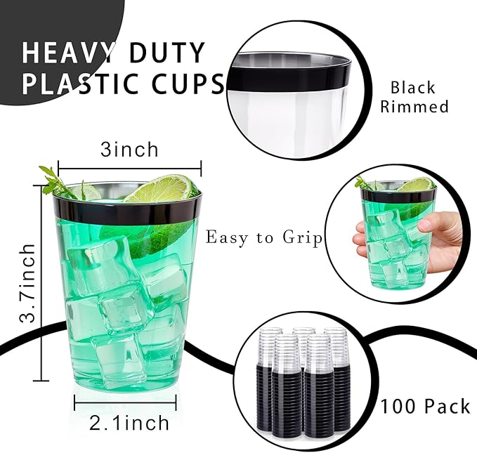 DaYammi 100 Pack Black Plastic Cups 10Oz Clear Disposable Cups with Black Rim, Clear Cocktail Cup Heavy Duty Disposable Wine Glasses Disposable Fancy Plastic Cups for New Year Party