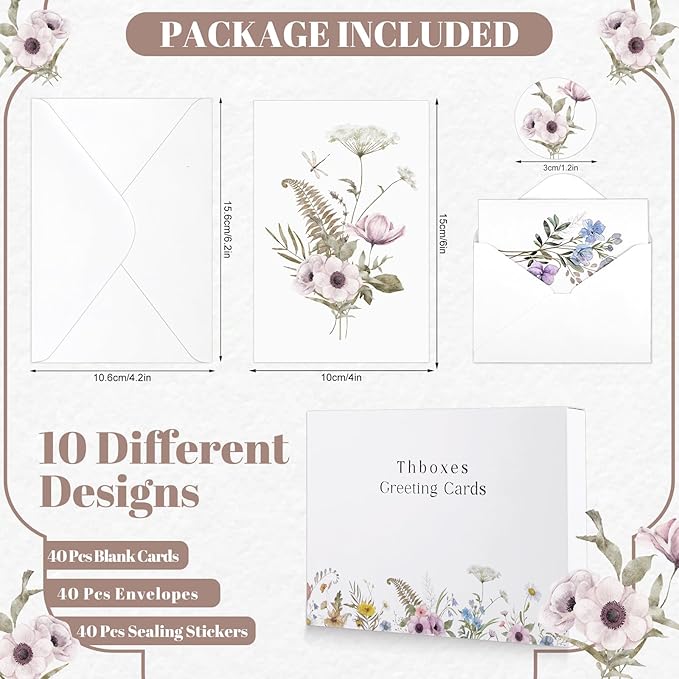 Thboxes Blank Cards and Envelopes, 40 Pack Blank Note Cards 4x6 in Elegant Floral Greeting Card with Sealing Stickers, Note Card and Envelopes Stationary Set for All Occasions (10 Floral Designs)