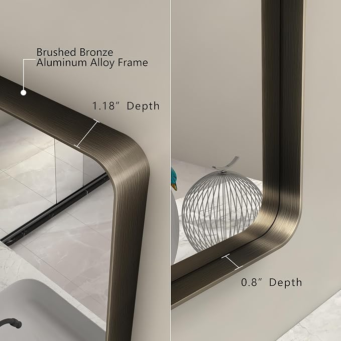 28x32 Bronze Bathroom Mirror, Brushed Metal Bathroom Vanity Mirrors for Wall, Rounded Corner Bronze Rectangle Mirror for Farmhouse, Bedroom, Anti-Rust (Horizontal/Vertical)