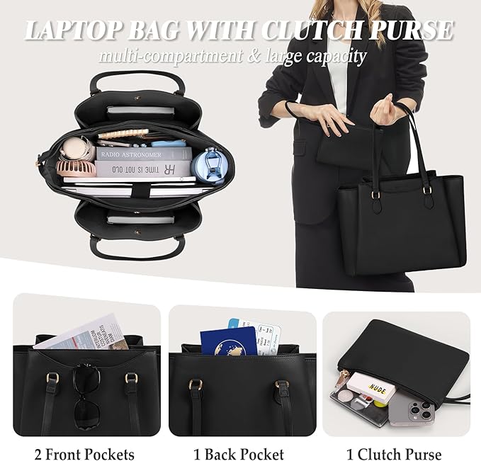 RAINSMORE Laptop Bag for Women 15.6 Inch Work Tote Bags Waterproof Computer Bags Leather Professional Laptop Purse Womens Laptop Briefcase Large Handbag for Office Teacher Travel, Black