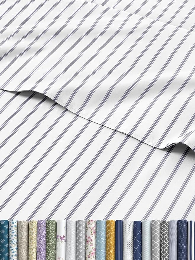 Blue and White Striped Sheets - 1 Flat & 1 Fitted Sheet & 2 Pillowcases w/ Deep Pockets - Cozy, Wrinkle & Fade Resistant - Ultra-Soft, Breathable & Cooling - Luxury Pinstripe Bedding - King Size