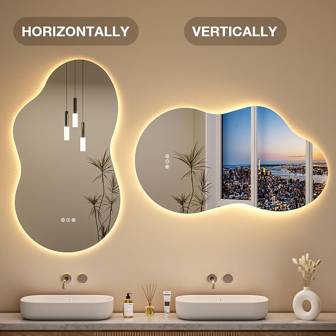 Irregular Cloud Backlit Bathroom Mirror 20x32 Inch, LED Vanity Mirror with Lights Anti-Fog, Dimmable 3 Colors, 4mm Tempered Glass, Horizontal/Vertical Wall Mount for Bathroom or Makeup Area